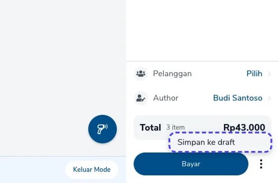 Menu Simpan ke draft di atas tombol Bayar