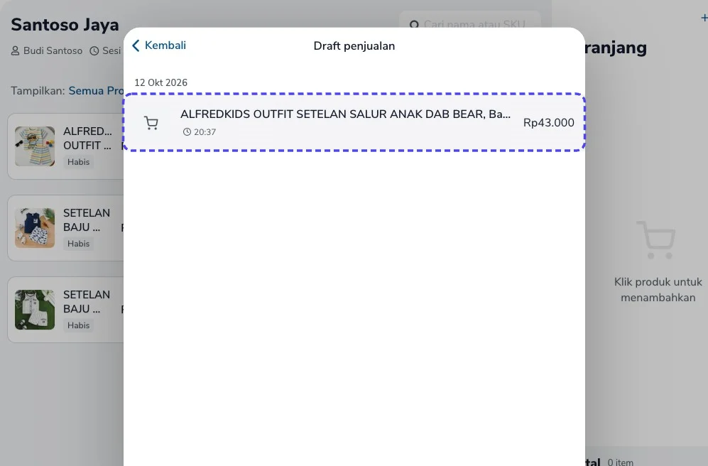 Layar Draft penjualan dengan satu draft dan totalnya