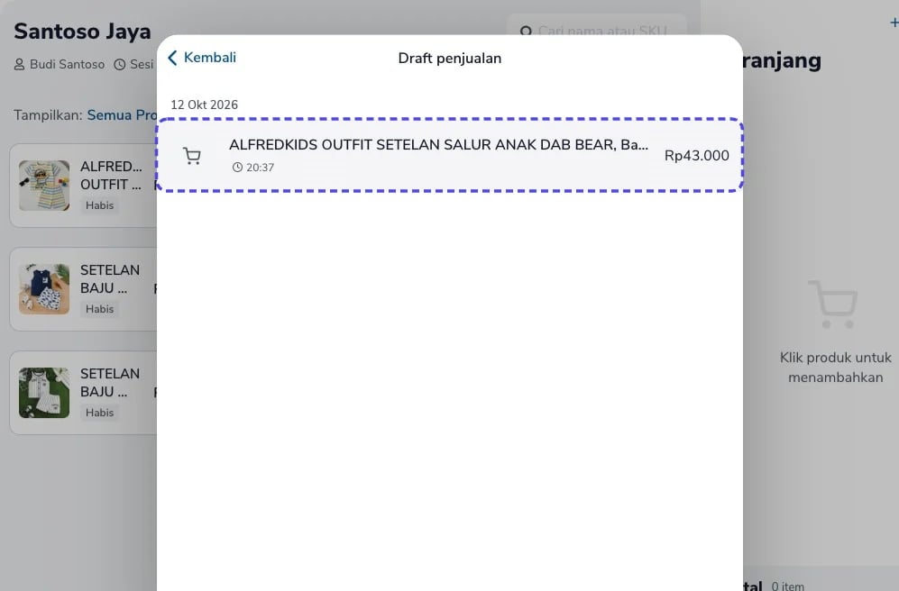 Layar Draft penjualan dengan satu draft dan totalnya