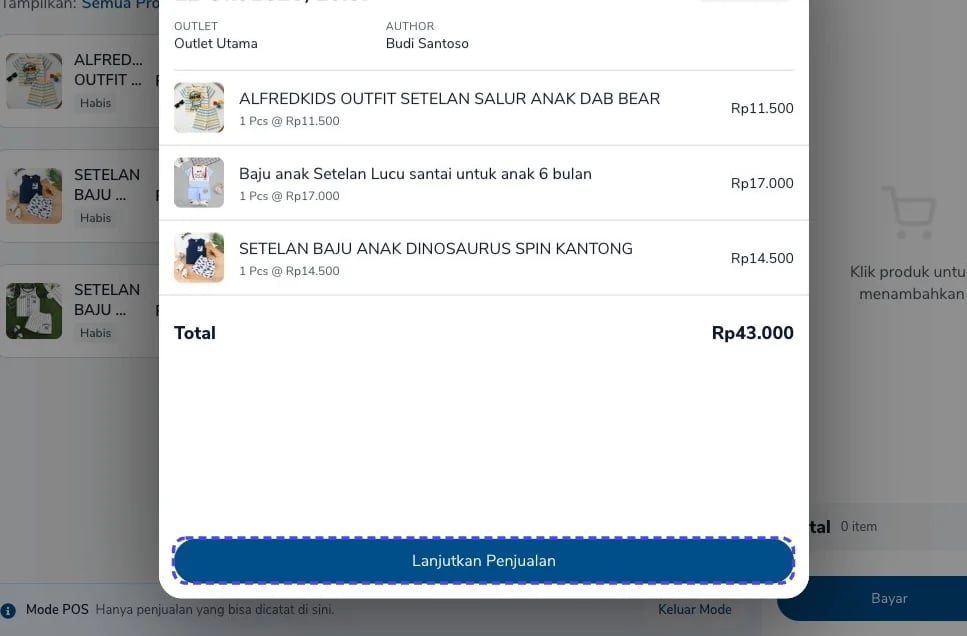Detail draft dengan daftar barang, total, dan tombol Lanjutkan Penjualan