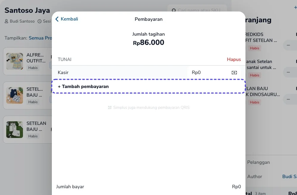 Layar Pembayaran dengan dompet Kasir dan pilihan Tambah pembayaran