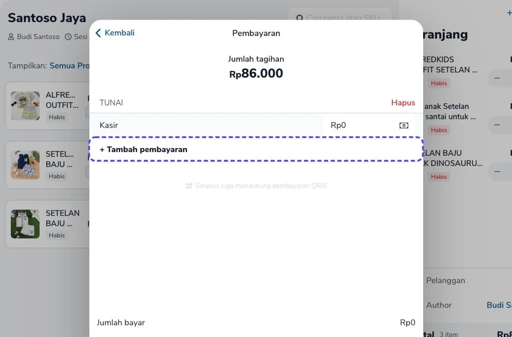 Layar Pembayaran dengan dompet Kasir dan pilihan Tambah pembayaran