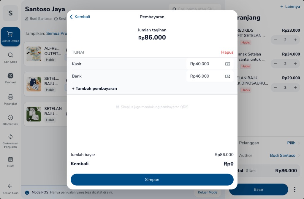 Layar Pembayaran dengan Kasir dan Bank, jumlah bayar sama dengan tagihan, kembali Rp0, dan tombol Simpan