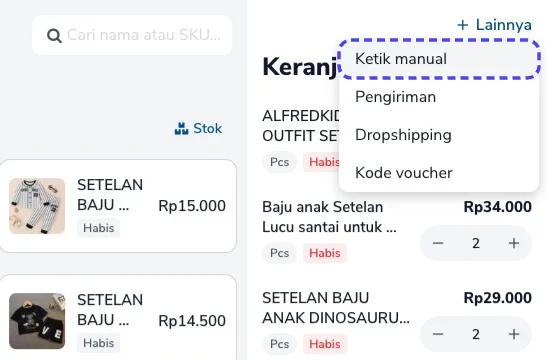 Menu Lainnya terbuka dengan pilihan Ketik manual