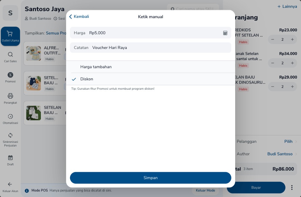 Layar Ketik manual dengan harga, catatan Voucher Hari Raya, centang Diskon, dan tombol Simpan