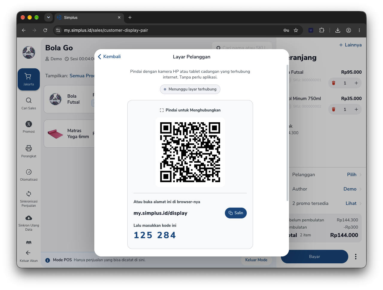 Dialog Layar Pelanggan dengan kode QR, alamat, dan kode angka