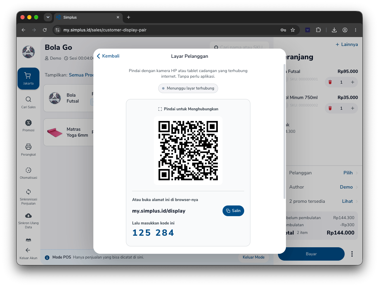 Dialog Layar Pelanggan dengan kode QR, alamat, dan kode angka