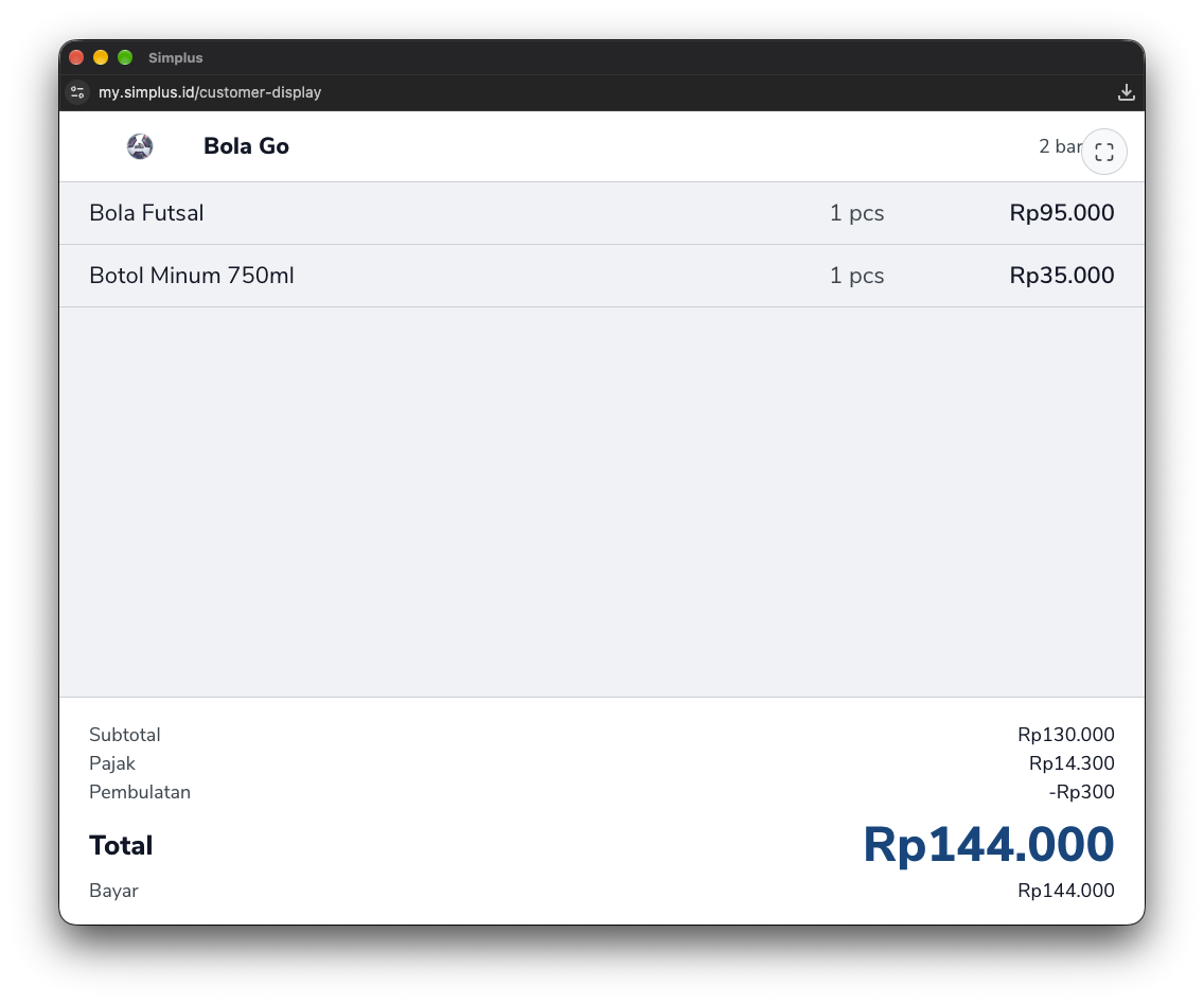 Layar pelanggan menampilkan barang, subtotal, pajak, pembulatan, dan total
