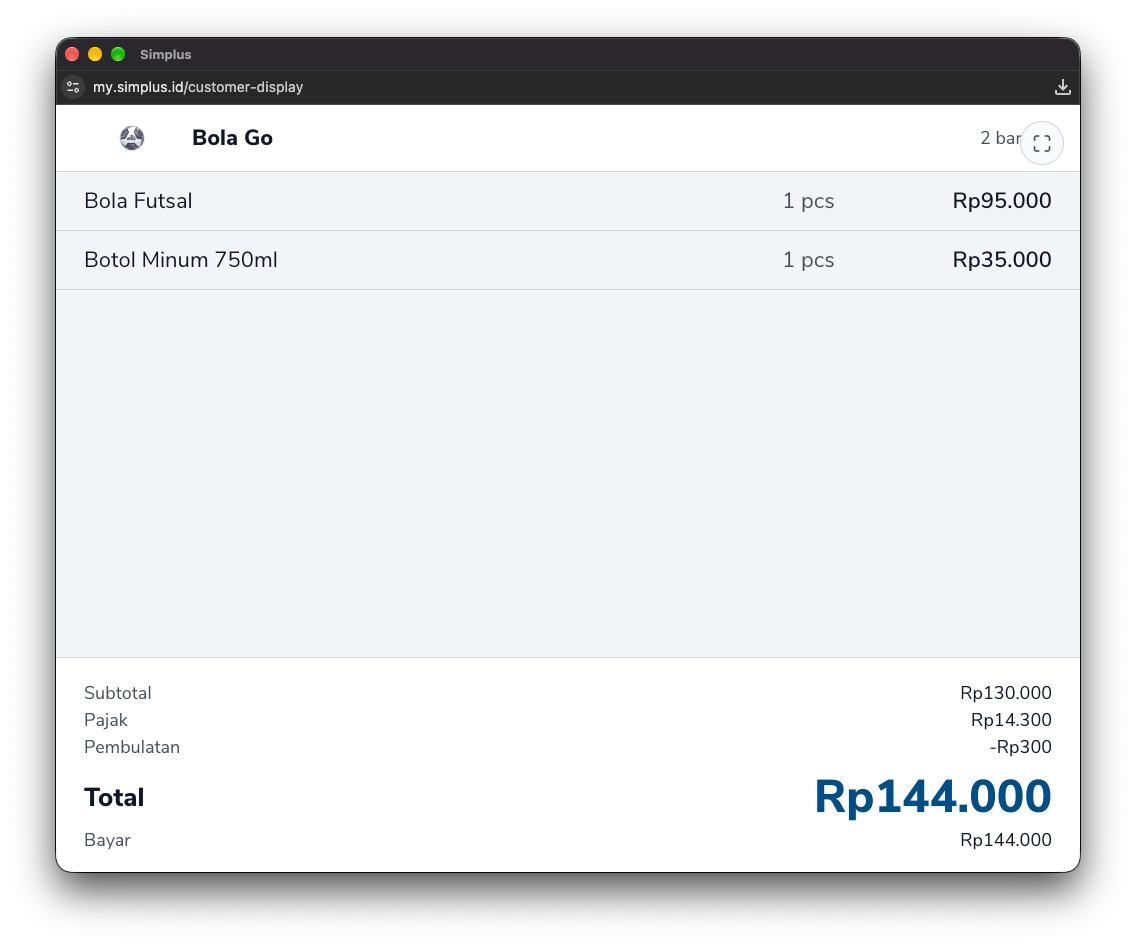 Layar pelanggan menampilkan barang, subtotal, pajak, pembulatan, dan total