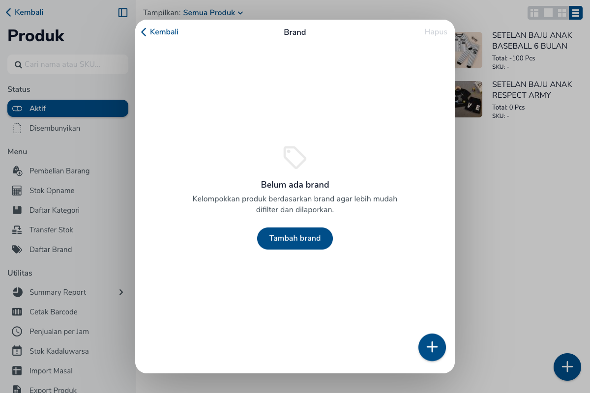 Menu Produk dengan baris Daftar Brand dan daftar brand yang kosong