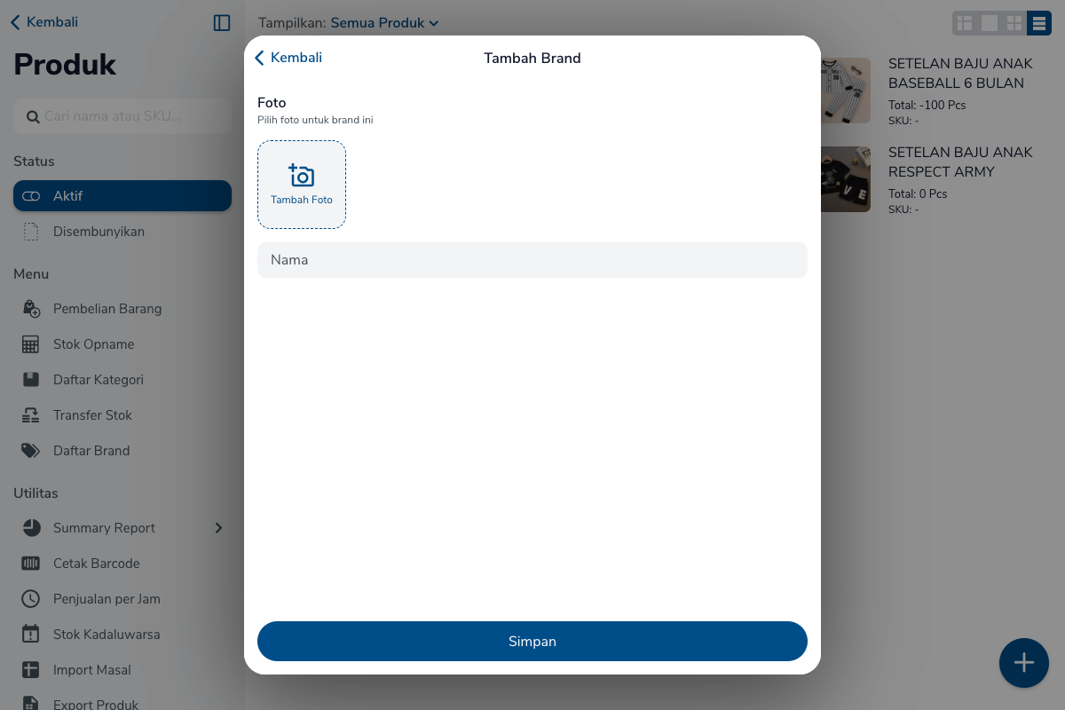 Form Tambah Brand dengan bagian Foto, field Nama, dan tombol Simpan