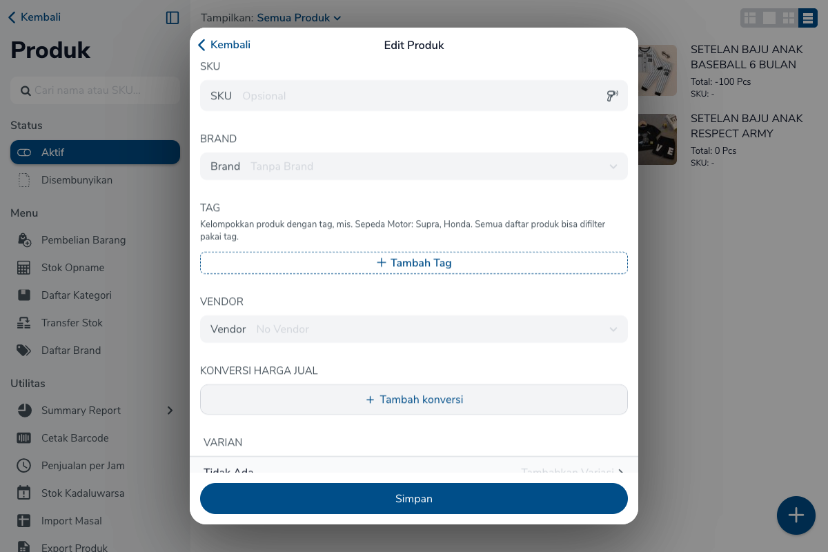 Form Edit Produk dengan field Brand yang menampilkan Tanpa Brand