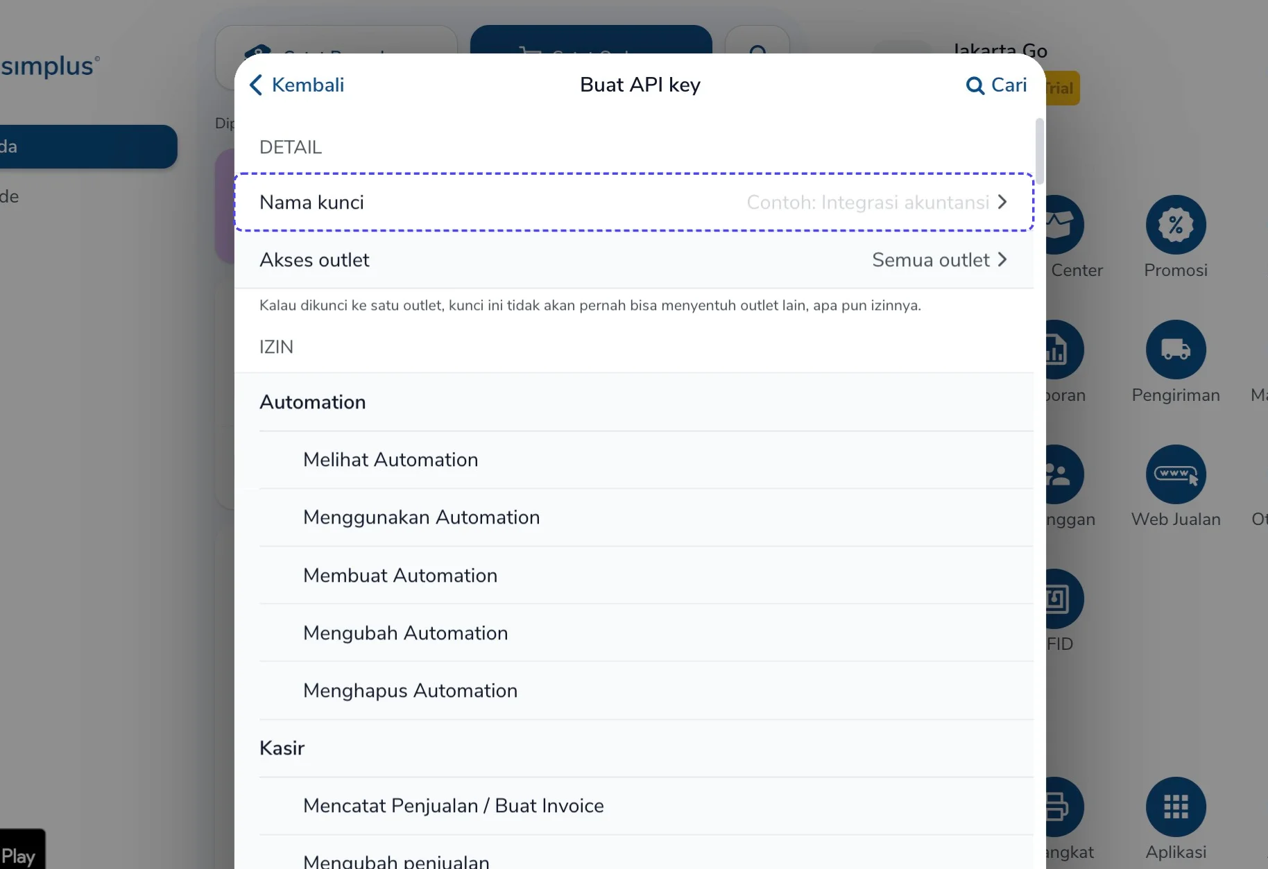Form Buat API key dengan kolom Nama kunci