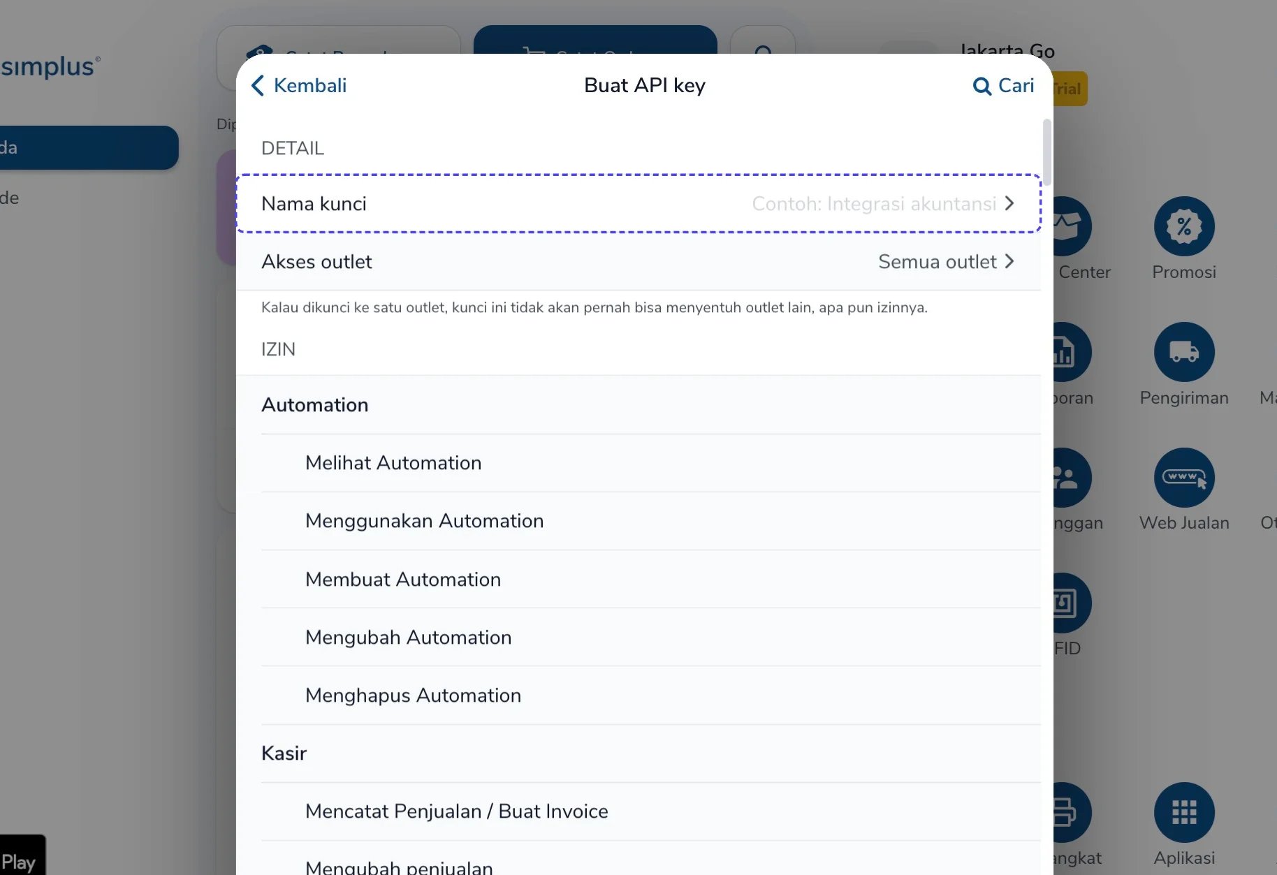 Form Buat API key dengan kolom Nama kunci