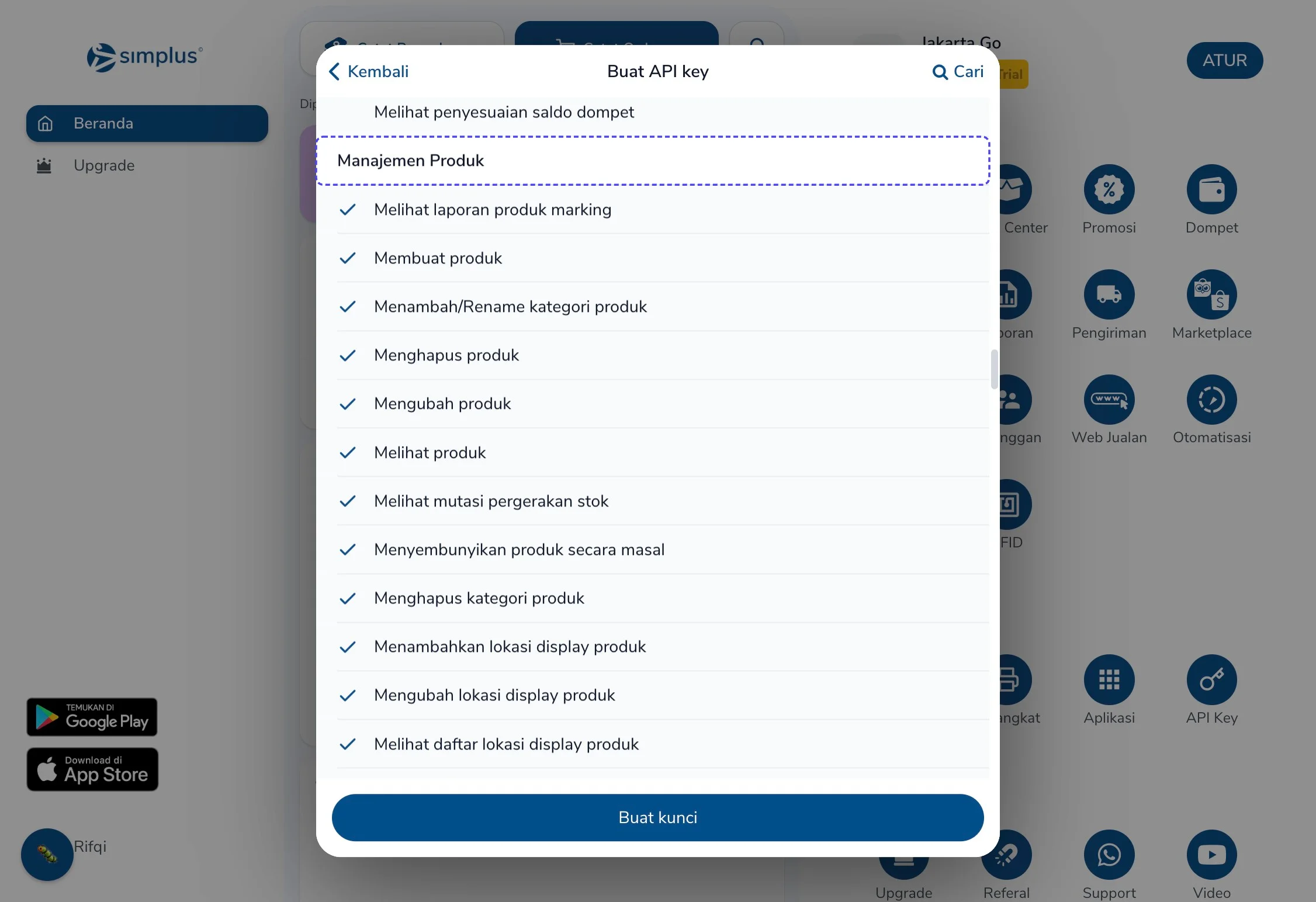 Memilih izin akses Manajemen Produk sebelum membuat kunci