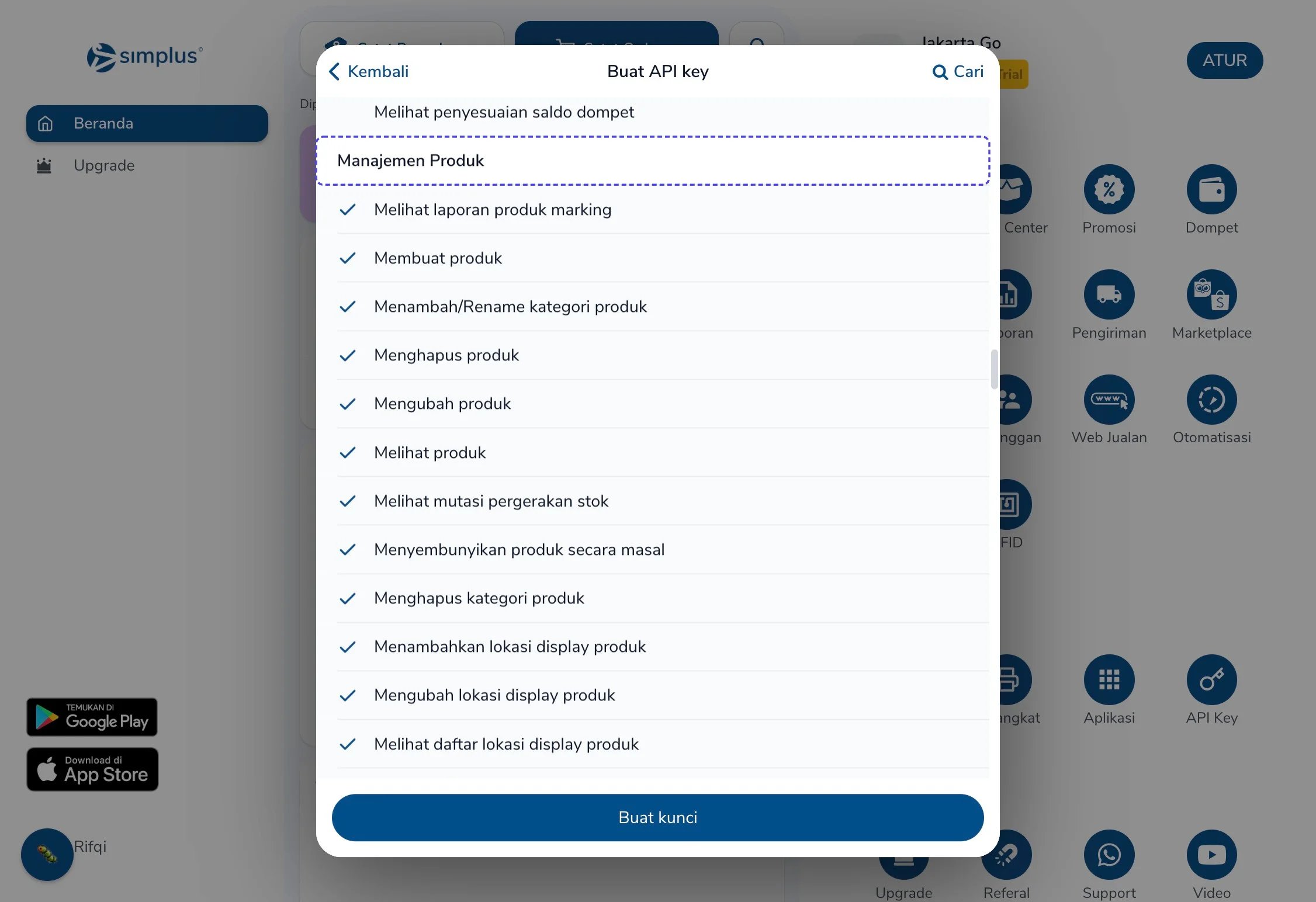 Memilih izin akses Manajemen Produk sebelum membuat kunci