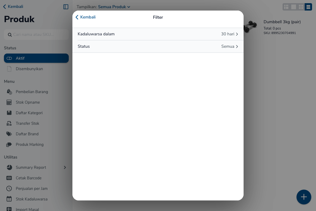Filter Stok Kadaluwarsa dengan Kadaluwarsa dalam 30 hari dan Status Semua