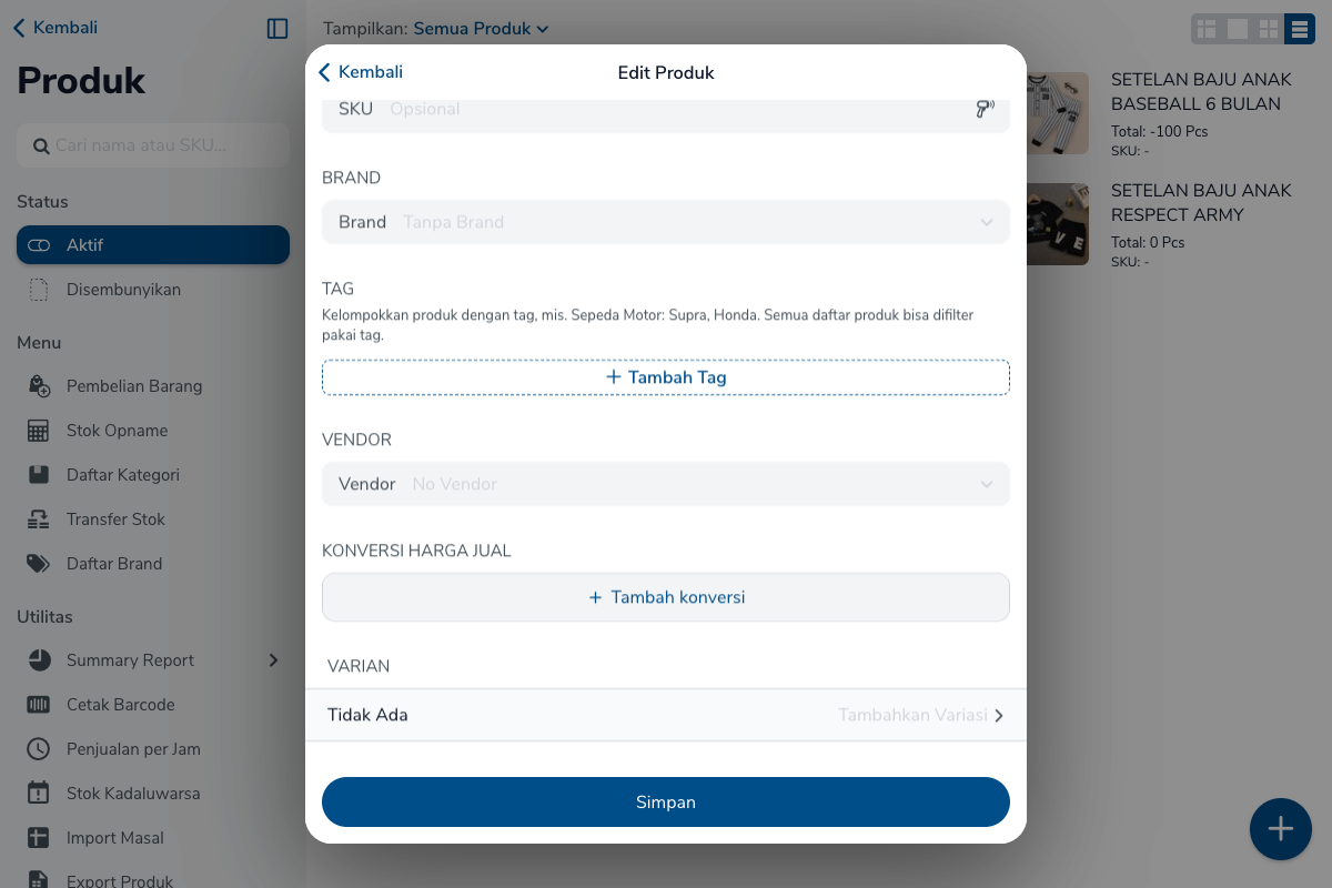 Form Edit Produk dengan bagian TAG kosong dan tombol Tambah Tag