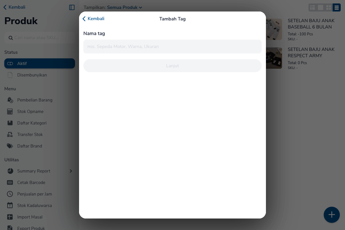Layar Tambah Tag dengan field Nama tag dan tombol Lanjut