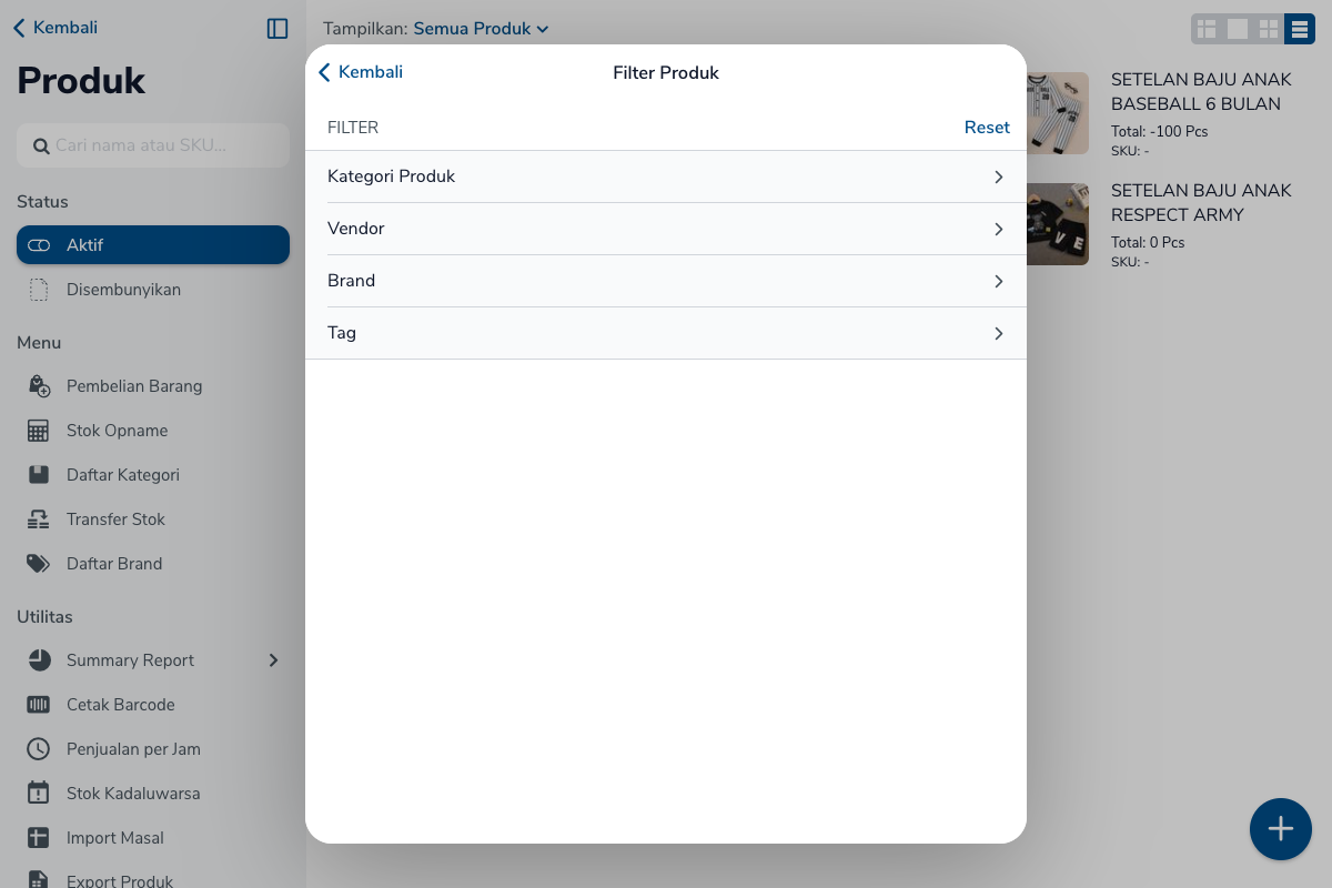 Filter Produk dengan baris Kategori Produk, Vendor, Brand, dan Tag