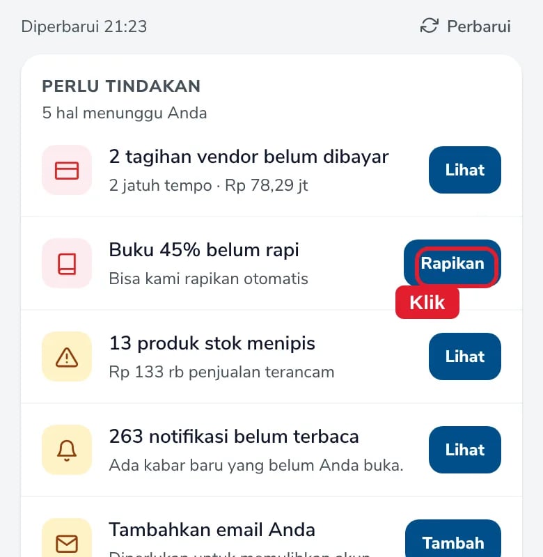 Baris Buku 45% belum rapi dengan tombol Rapikan di Perlu tindakan