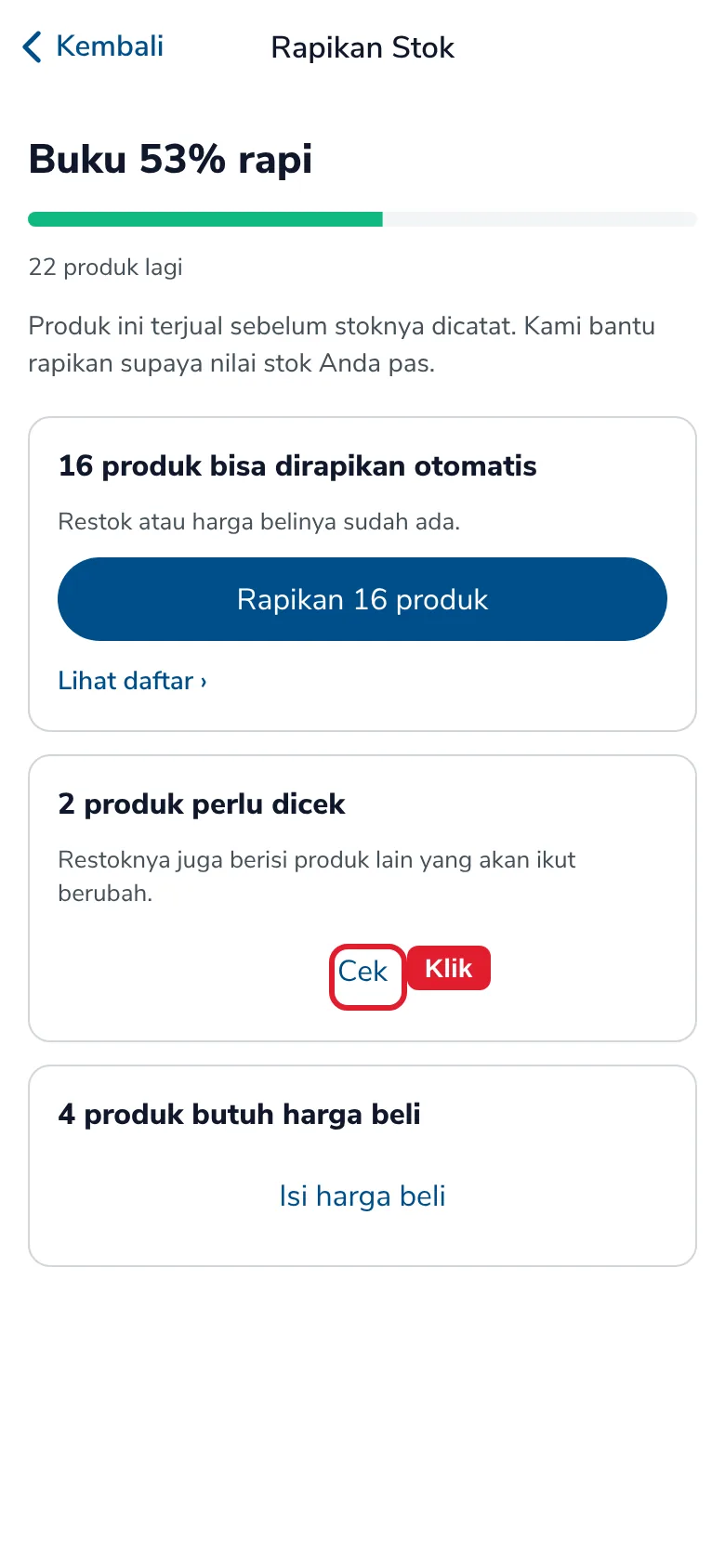 Kartu 2 produk perlu dicek dengan tombol Cek