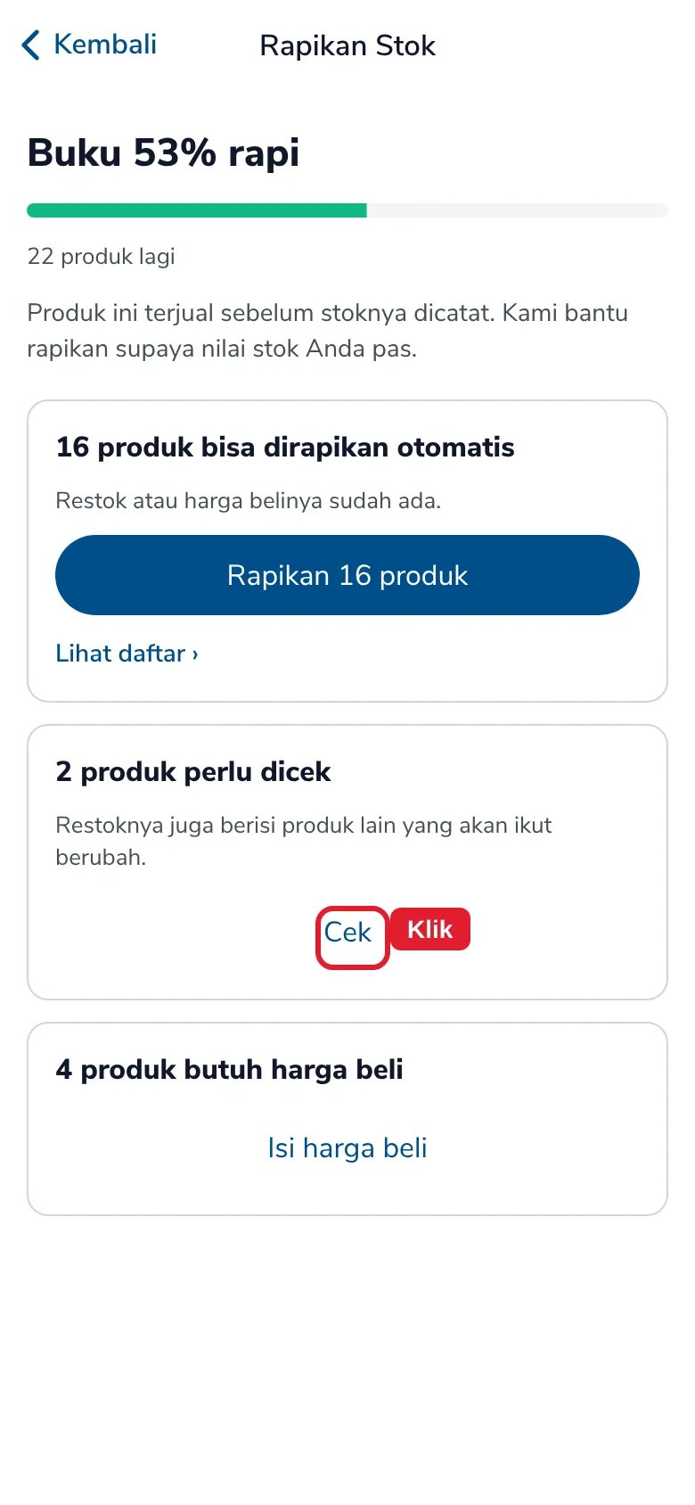 Kartu 2 produk perlu dicek dengan tombol Cek