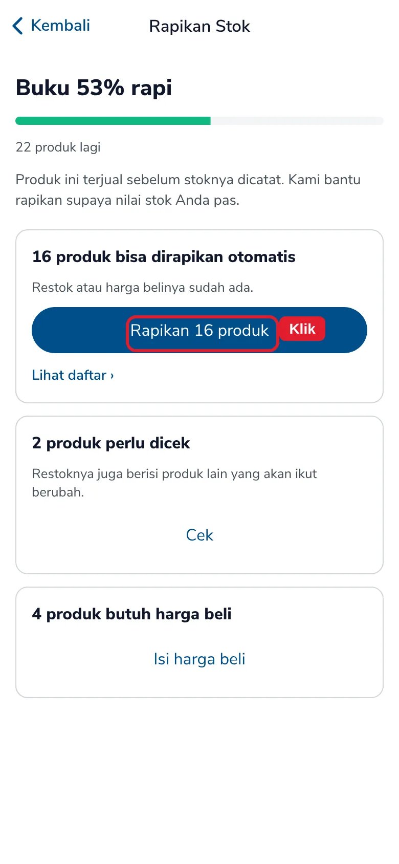Layar Rapikan Stok: Buku 53% rapi, 16 produk bisa dirapikan otomatis, 2 produk perlu dicek, tombol Rapikan 16 produk