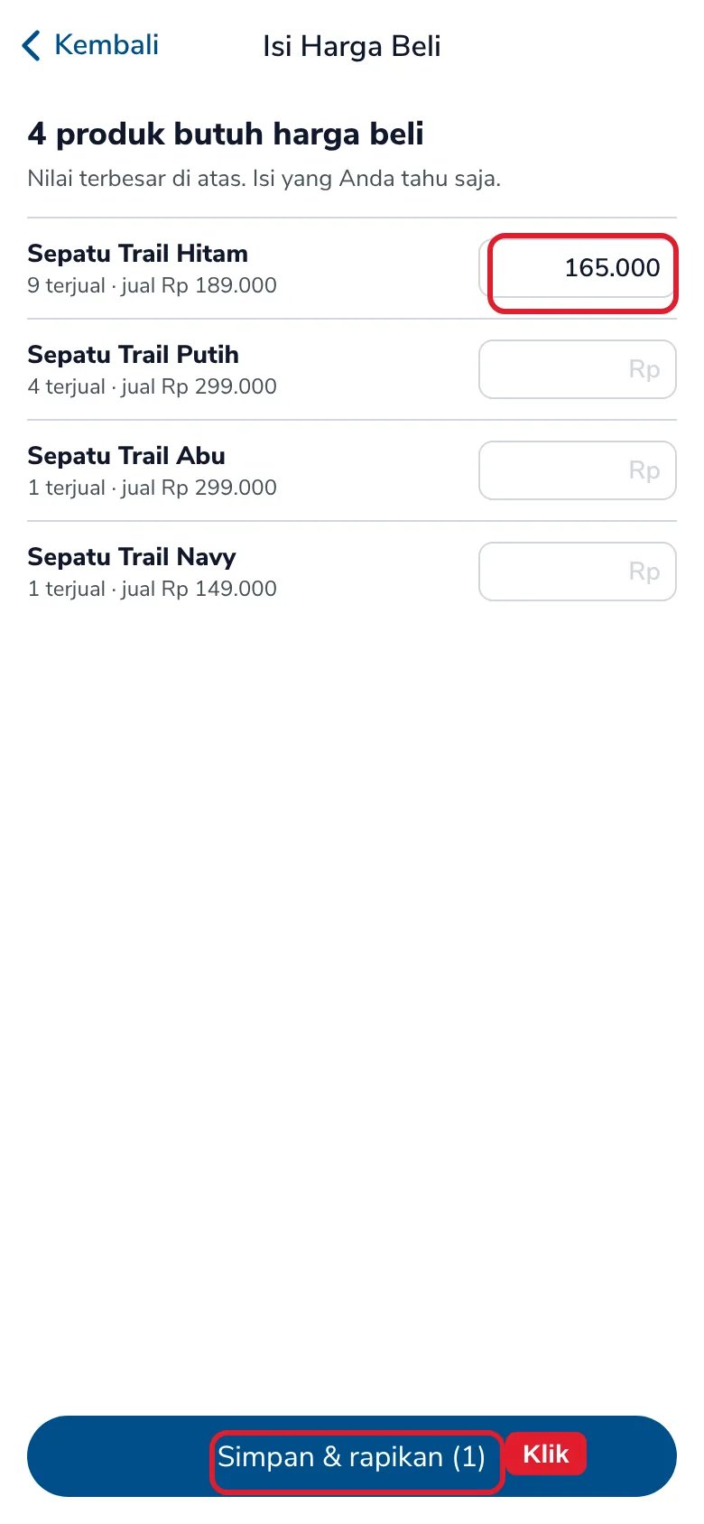 Isi Harga Beli: harga beli Sepatu Trail Hitam diisi Rp165.000, tombol Simpan & rapikan