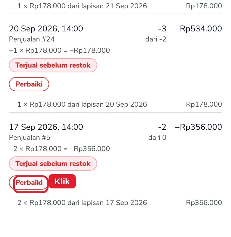 Riwayat HPP Sepatu Loafer Putih: label Terjual sebelum restok dan tombol Perbaiki