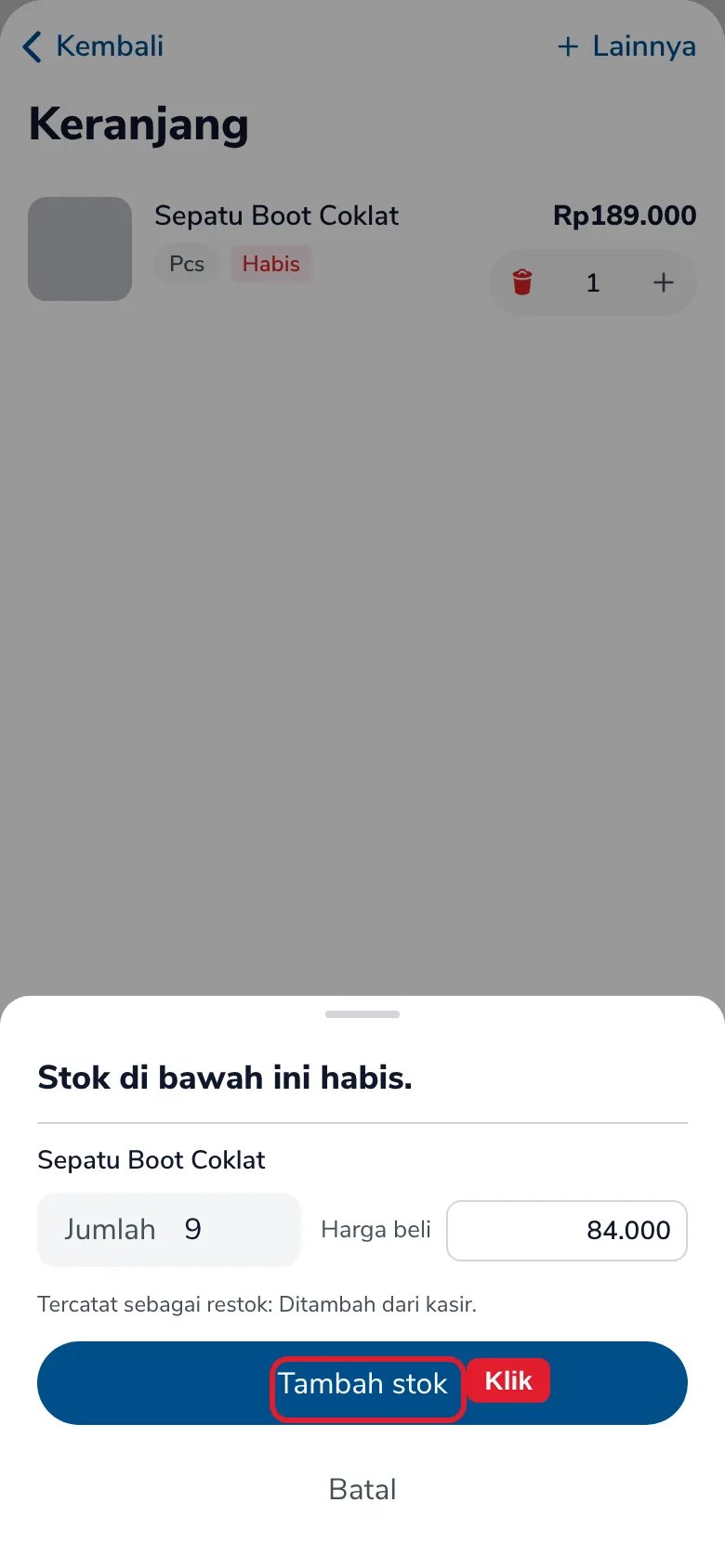 Layar Stok di bawah ini habis di kasir untuk Sepatu Boot Coklat