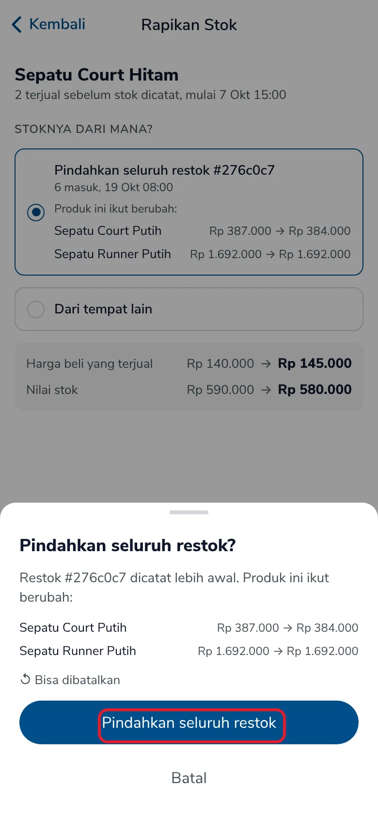 Konfirmasi Pindahkan seluruh restok dengan daftar produk yang ikut berubah
