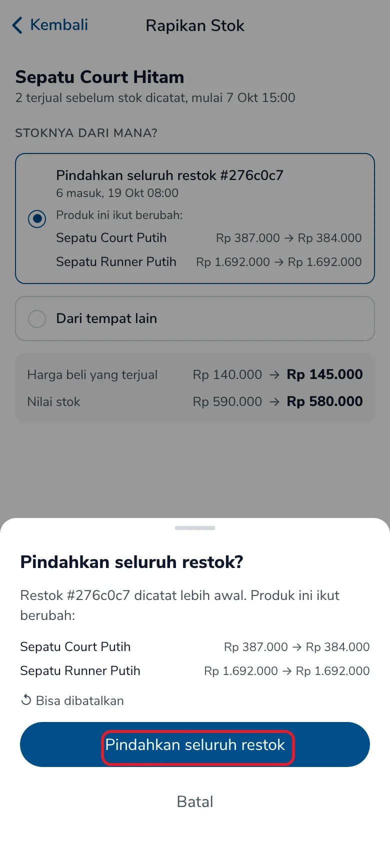 Konfirmasi Pindahkan seluruh restok dengan daftar produk yang ikut berubah