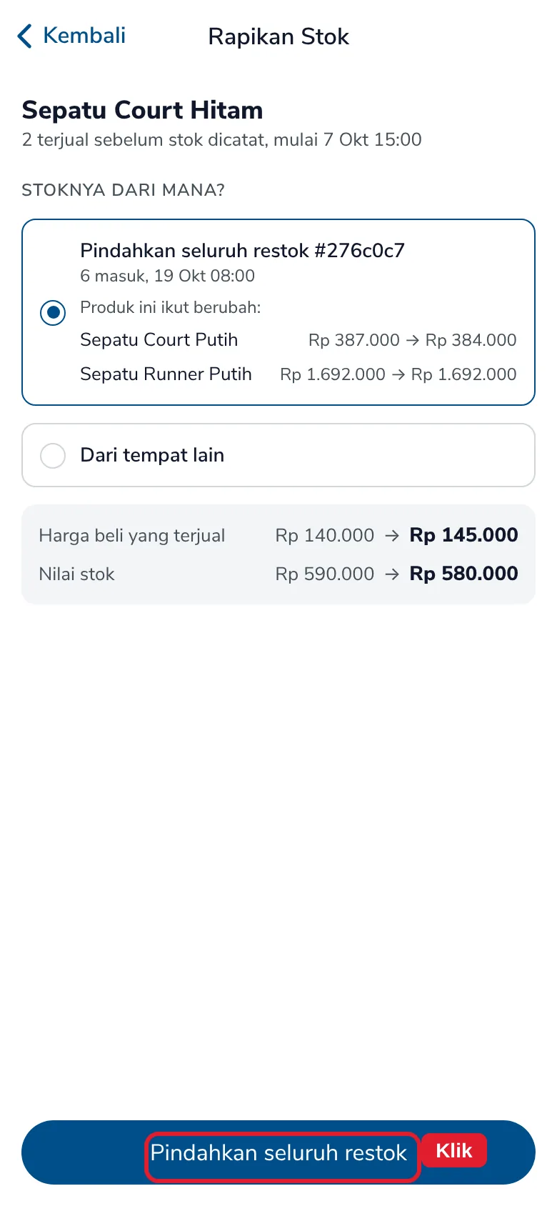 Pindahkan seluruh restok #276c0c7: Sepatu Court Putih dan Sepatu Runner Putih ikut berubah, dengan nilai stok sebelum dan sesudah