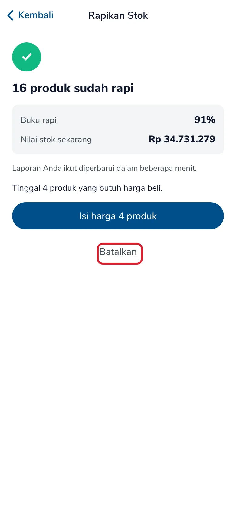 16 produk sudah rapi, buku rapi 91%, nilai stok sekarang, tombol Batalkan
