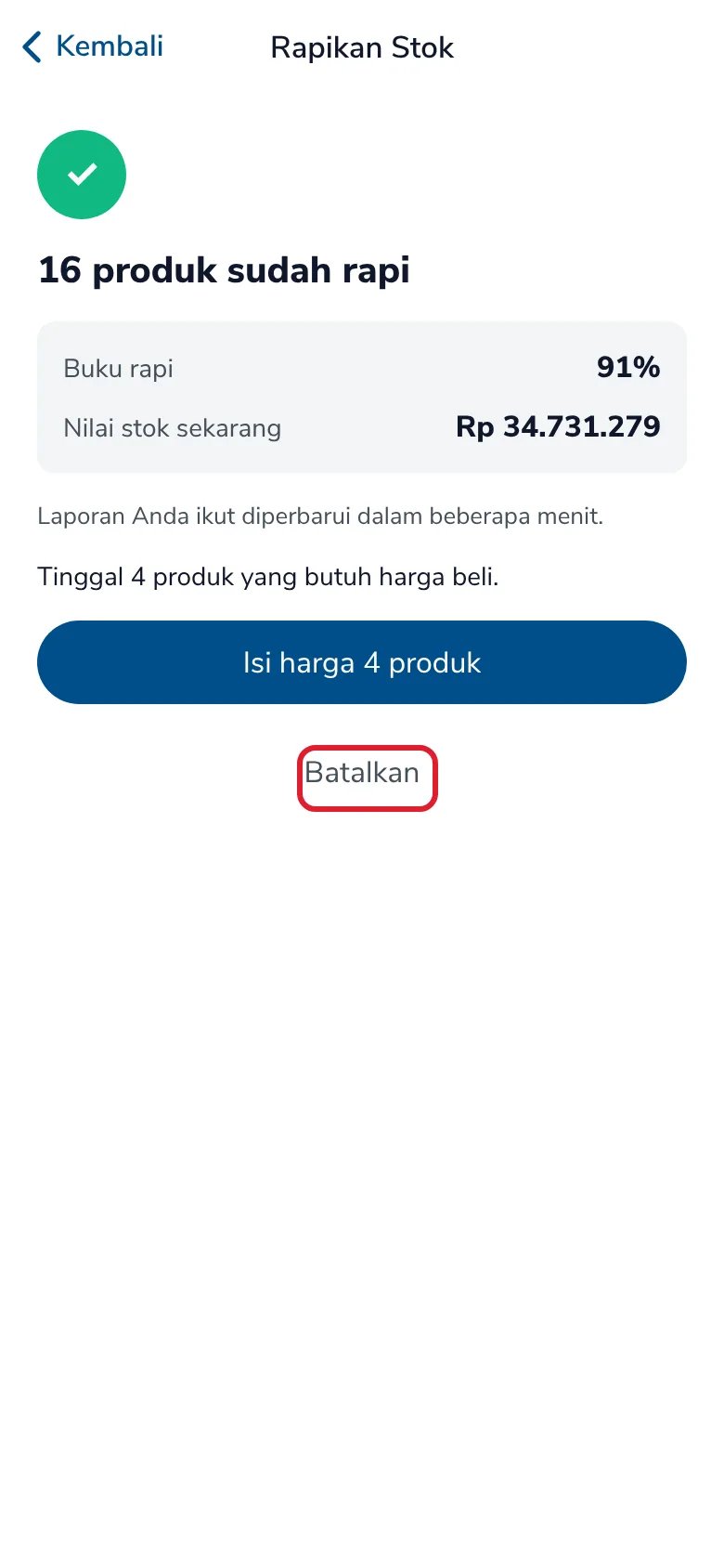 16 produk sudah rapi, buku rapi 91%, nilai stok sekarang, tombol Batalkan