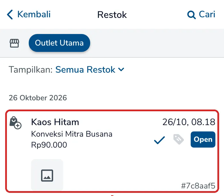 Daftar restok dengan restok Kaos Hitam dari Konveksi Mitra Busana yang ditandai