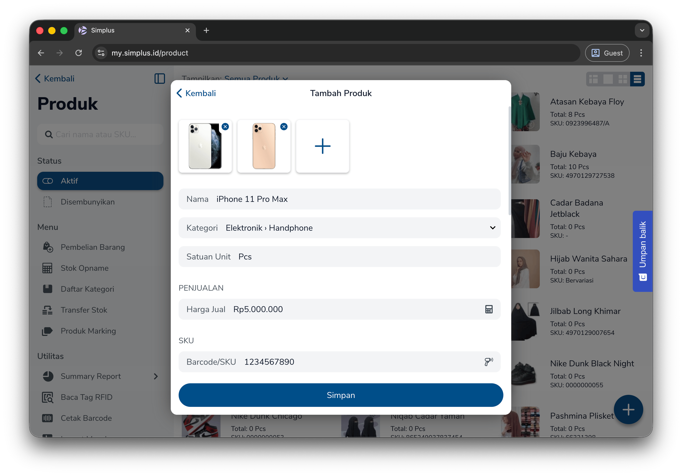 Tombol Simpan pada form tambah produk