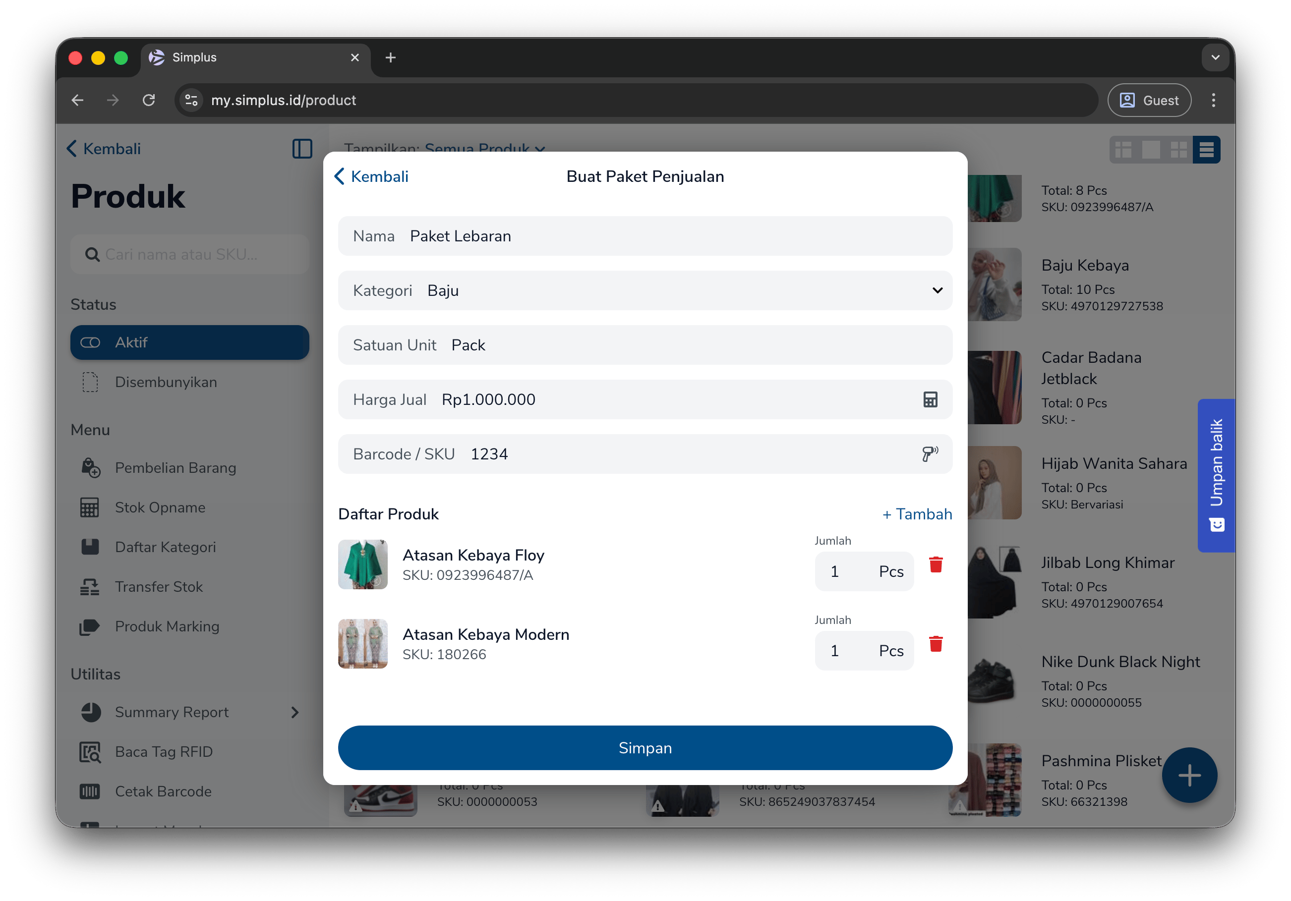 Daftar Produk pada form bundle
