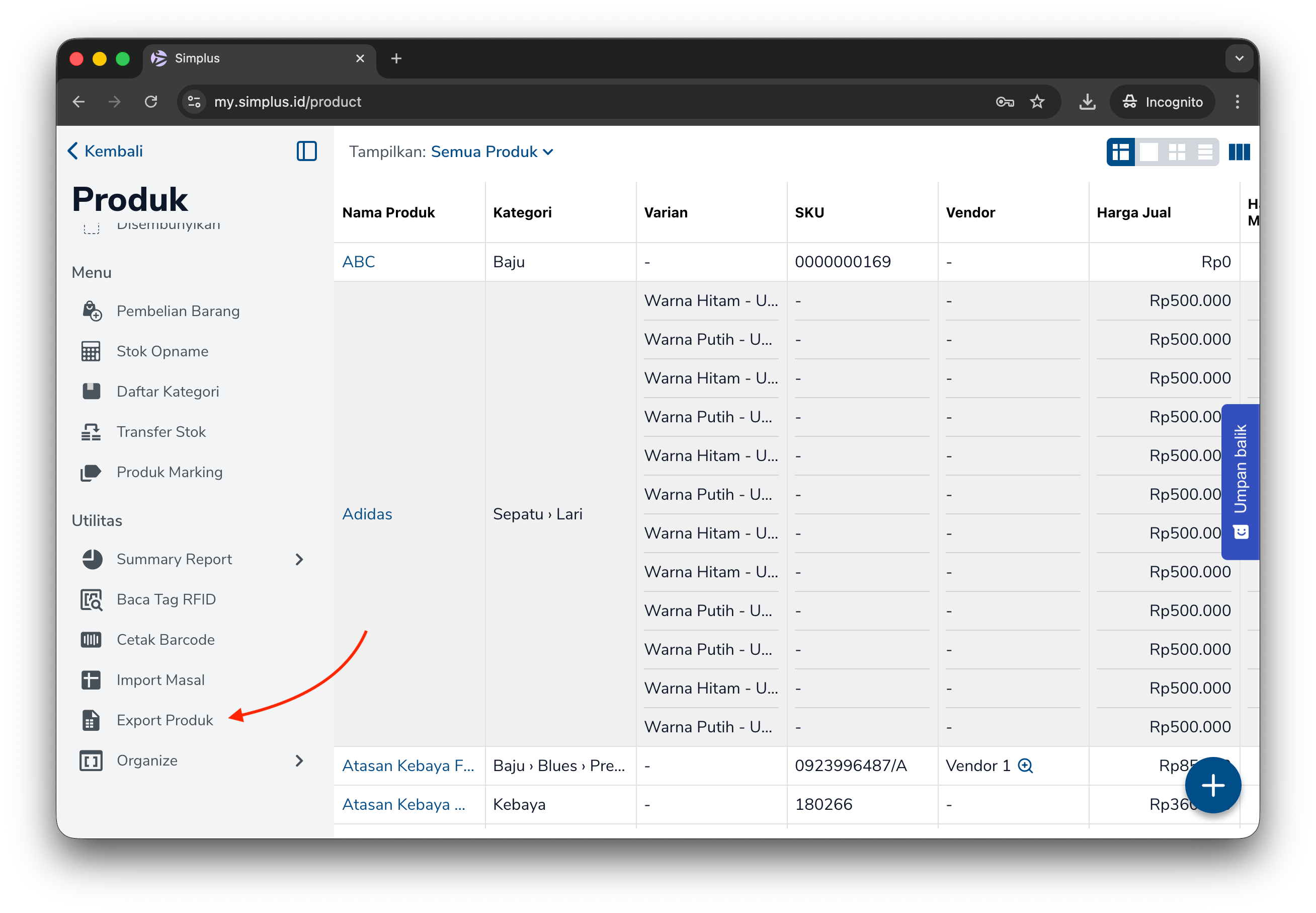 Tombol Export Produk pada sidebar Utilitas