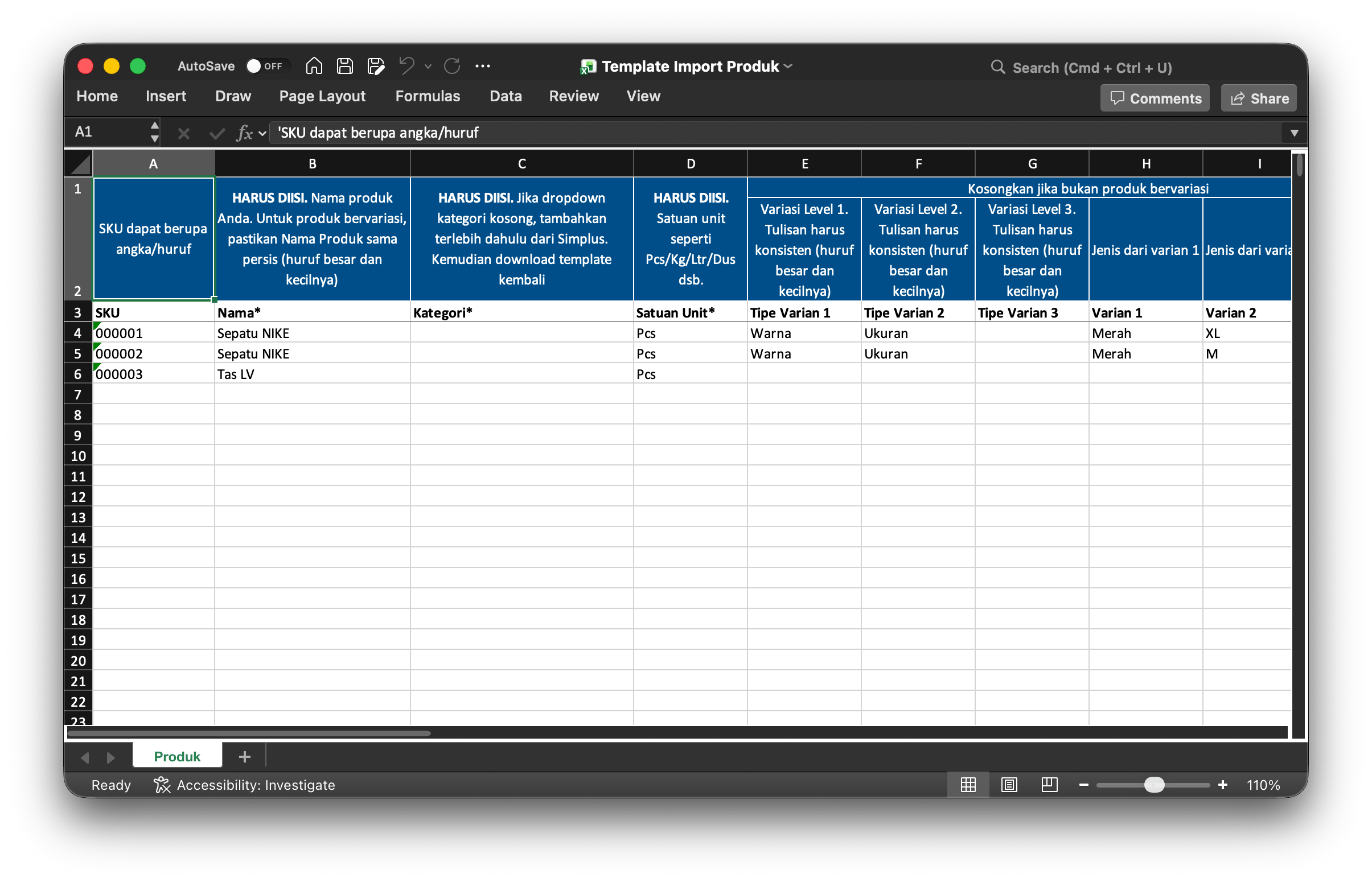 Template import produk di spreadsheet