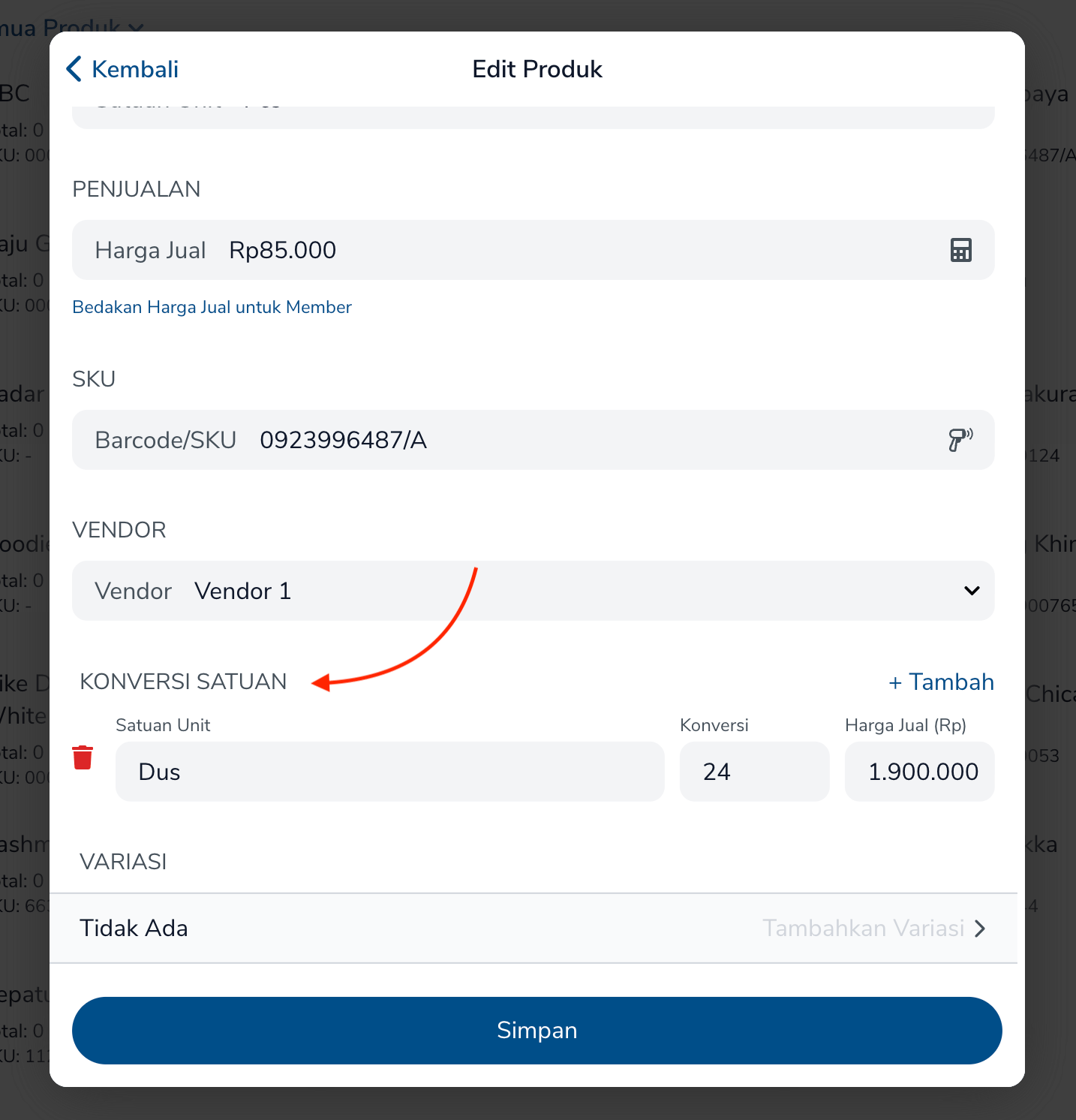 Form konversi satuan dan pengaturan harga per satuan