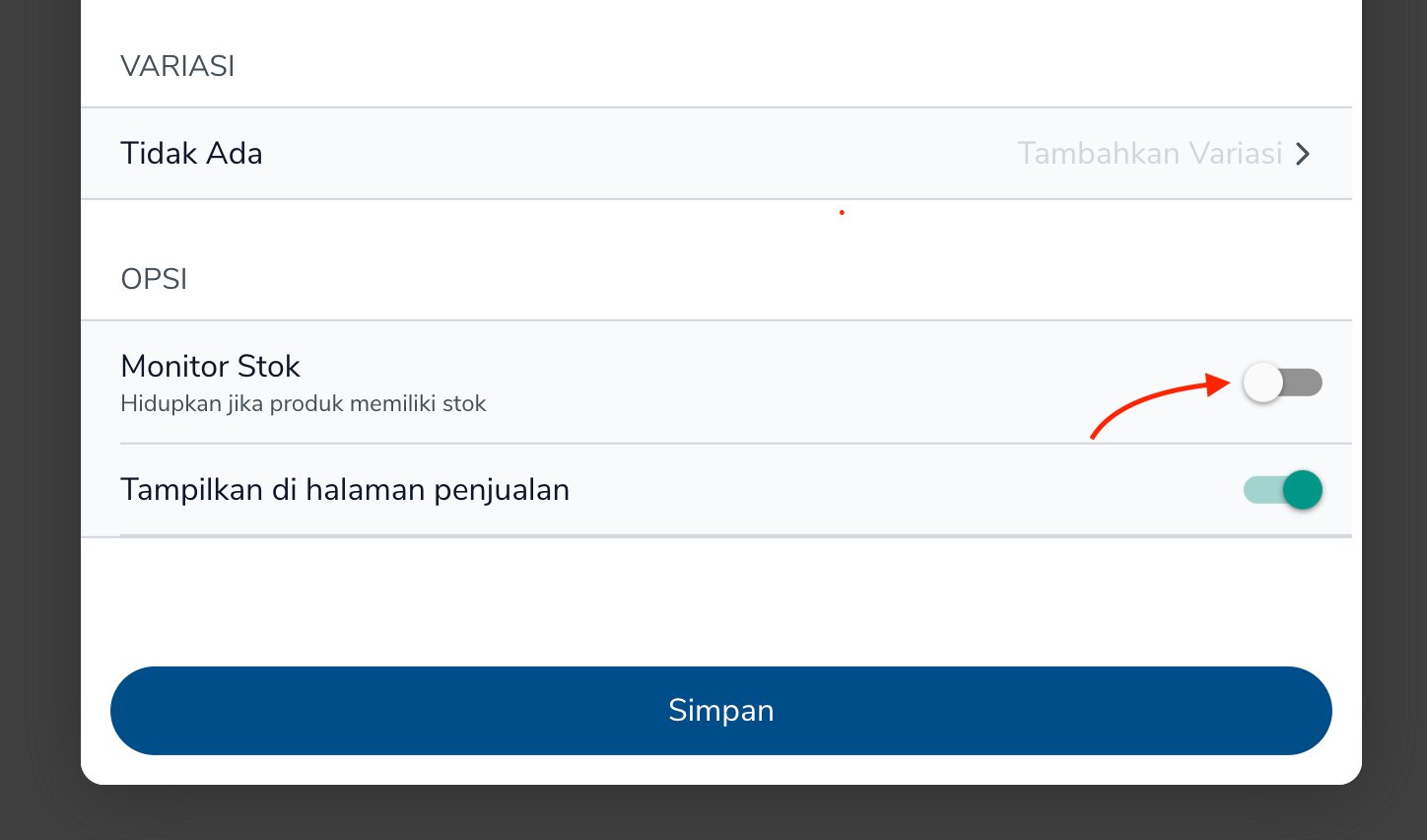 Opsi Monitor Stok pada form produk