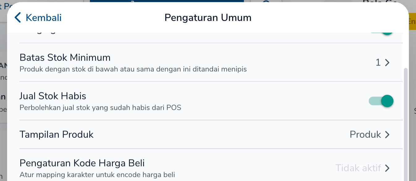 Setelan Jual Stok Habis dan Batas Stok Minimum di Pengaturan Umum Simplus