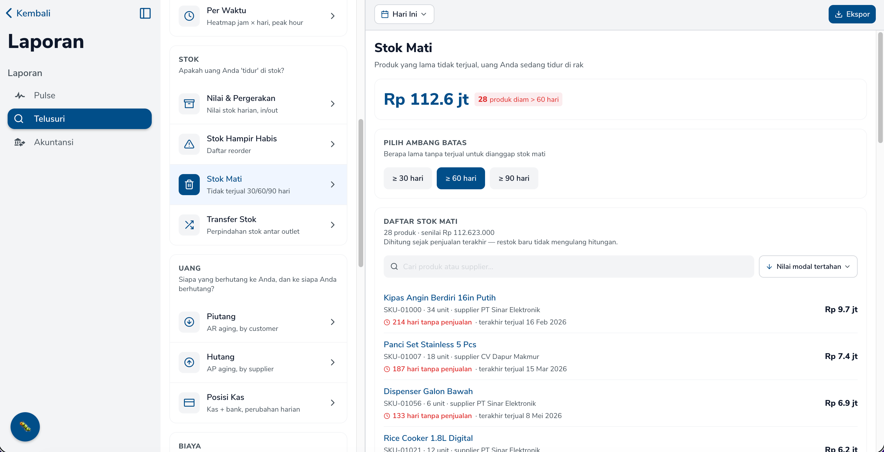 Laporan Stok Mati di Simplus dengan total modal tertahan dan daftar produk yang lama tidak terjual