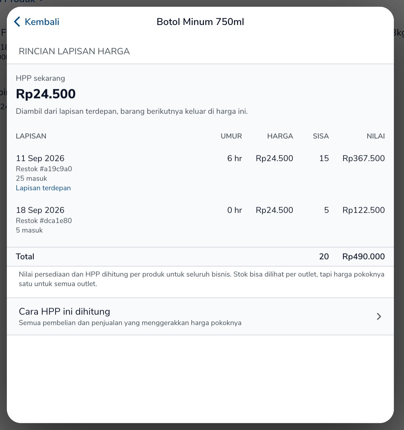 Rincian lapisan harga FIFO dengan kolom umur stok