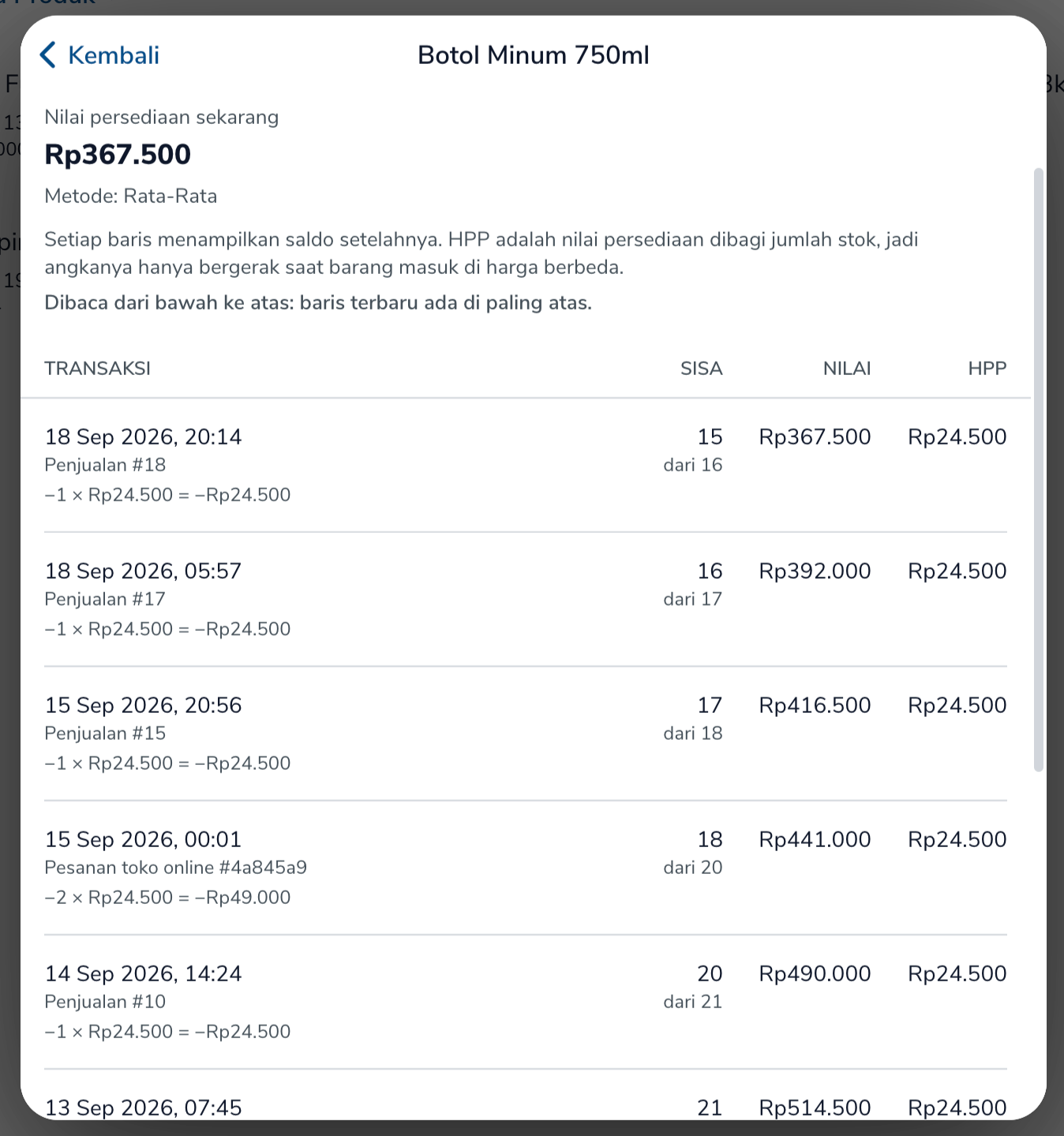 Riwayat perhitungan HPP di Simplus