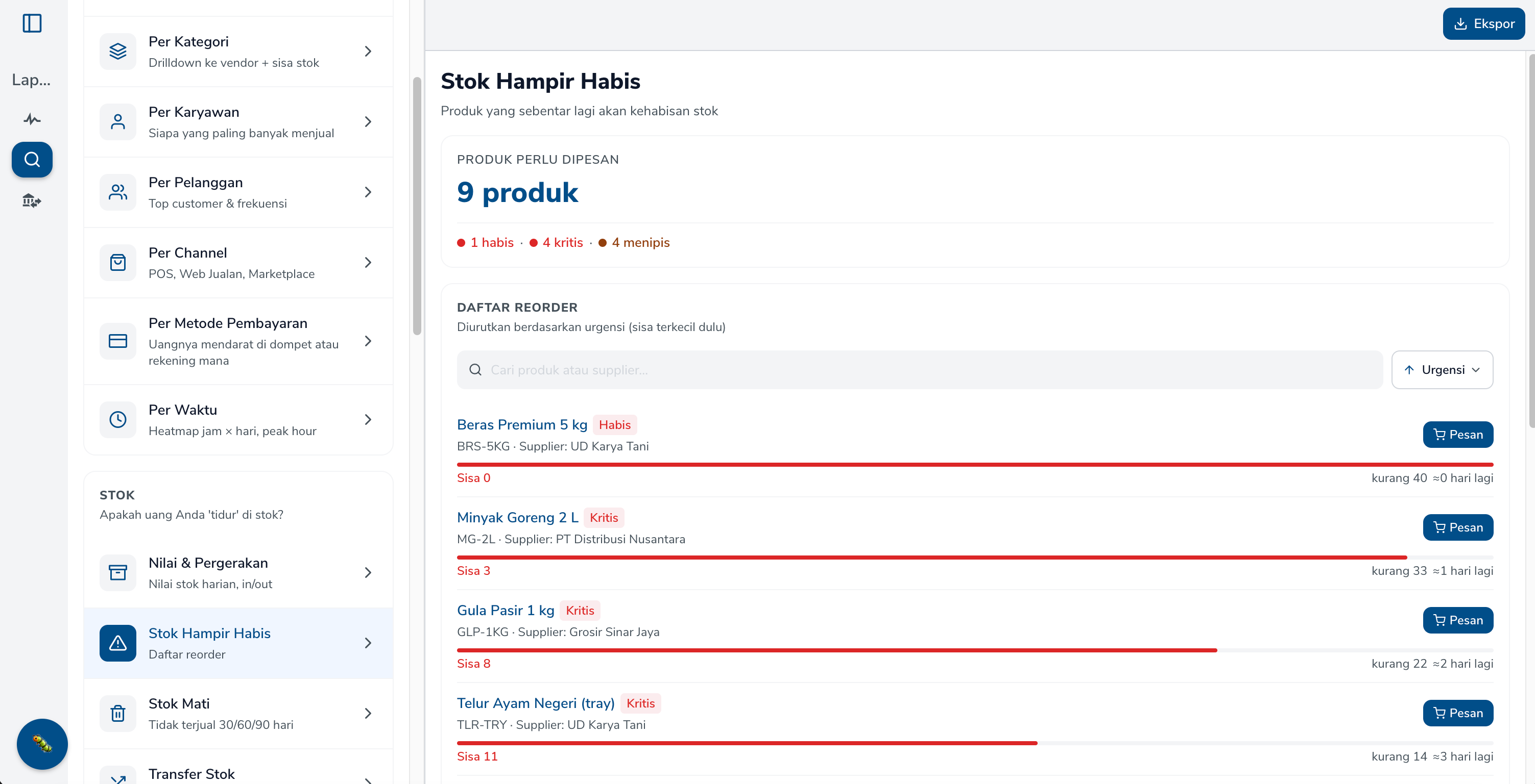 Laporan Stok Hampir Habis di Simplus dengan daftar reorder, status habis/kritis/menipis, dan tombol Pesan