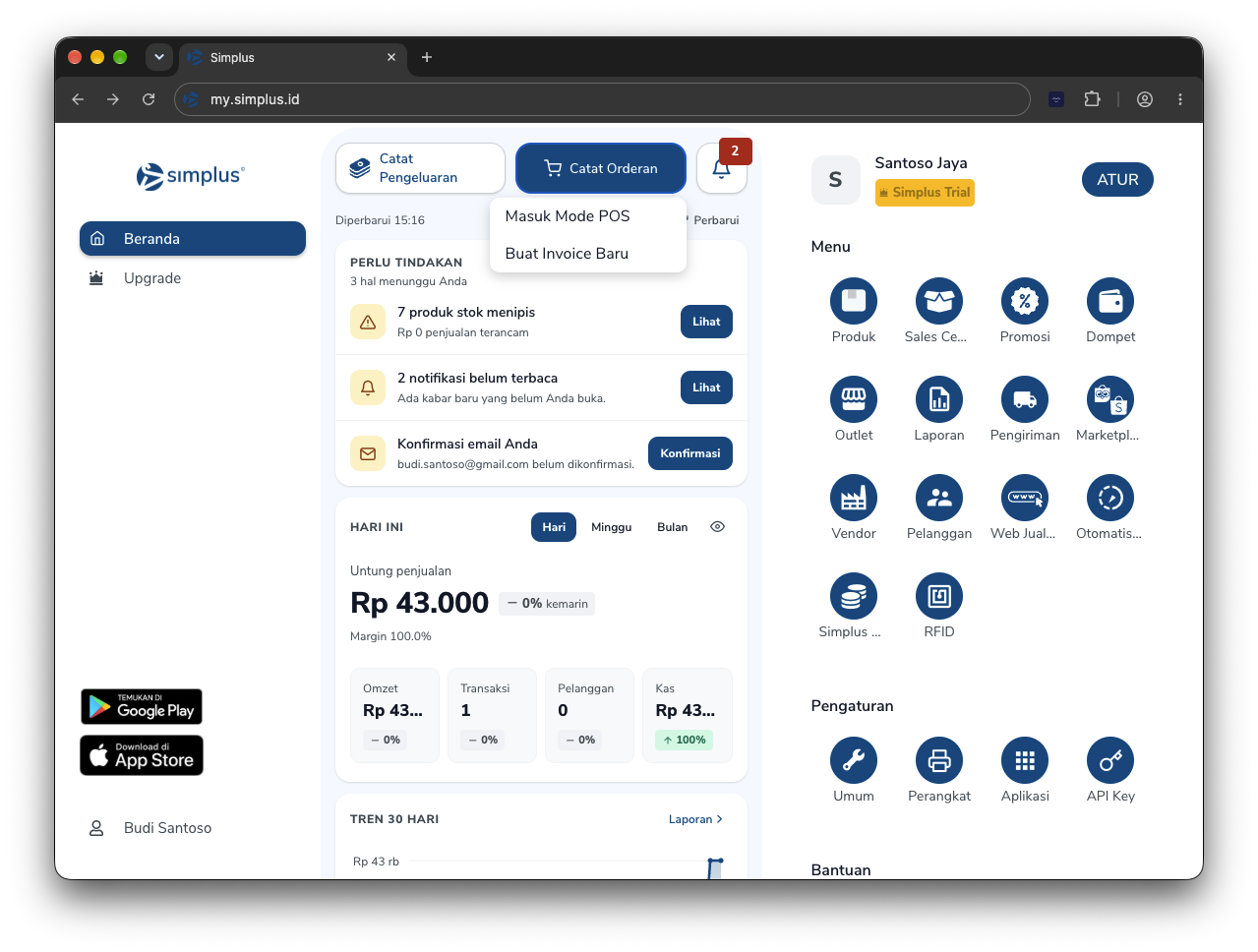 Beranda Simplus dengan tombol Catat Orderan
