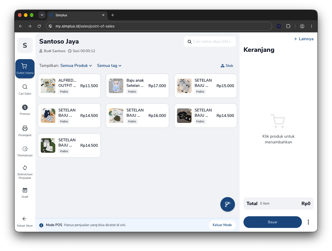 Mode POS dengan daftar produk dan keranjang kosong